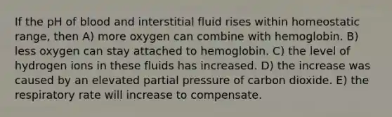 If the pH of blood and interstitial fluid rises within homeostatic range, then A) more oxygen can combine with hemoglobin. B) less oxygen can stay attached to hemoglobin. C) the level of hydrogen ions in these fluids has increased. D) the increase was caused by an elevated partial pressure of carbon dioxide. E) the respiratory rate will increase to compensate.