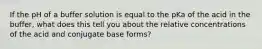 If the pH of a buffer solution is equal to the pKa of the acid in the buffer, what does this tell you about the relative concentrations of the acid and conjugate base forms?