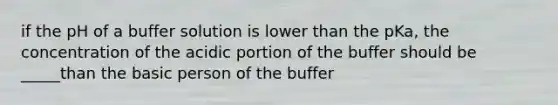 if the pH of a buffer solution is lower than the pKa, the concentration of the acidic portion of the buffer should be _____than the basic person of the buffer