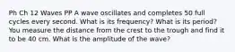 Ph Ch 12 Waves PP A wave oscillates and completes 50 full cycles every second. What is its frequency? What is its period? You measure the distance from the crest to the trough and find it to be 40 cm. What is the amplitude of the wave?