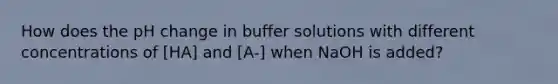 How does the pH change in buffer solutions with different concentrations of [HA] and [A-] when NaOH is added?