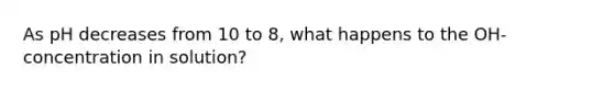 As pH decreases from 10 to 8, what happens to the OH- concentration in solution?