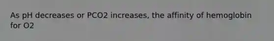 As pH decreases or PCO2 increases, the affinity of hemoglobin for O2