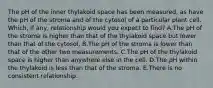 The pH of the inner thylakoid space has been measured, as have the pH of the stroma and of the cytosol of a particular plant cell. Which, if any, relationship would you expect to find? A.The pH of the stroma is higher than that of the thylakoid space but lower than that of the cytosol. B.The pH of the stroma is lower than that of the other two measurements. C.The pH of the thylakoid space is higher than anywhere else in the cell. D.The pH within the thylakoid is less than that of the stroma. E.There is no consistent relationship.