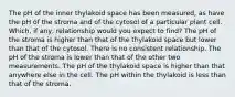 The pH of the inner thylakoid space has been measured, as have the pH of the stroma and of the cytosol of a particular plant cell. Which, if any, relationship would you expect to find? The pH of the stroma is higher than that of the thylakoid space but lower than that of the cytosol. There is no consistent relationship. The pH of the stroma is lower than that of the other two measurements. The pH of the thylakoid space is higher than that anywhere else in the cell. The pH within the thylakoid is less than that of the stroma.