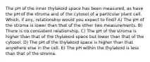 The pH of the inner thylakoid space has been measured, as have the pH of the stroma and of the cytosol of a particular plant cell. Which, if any, relationship would you expect to find? A) The pH of the stroma is lower than that of the other two measurements. B) There is no consistent relationship. C) The pH of the stroma is higher than that of the thylakoid space but lower than that of the cytosol. D) The pH of the thylakoid space is higher than that anywhere else in the cell. E) The pH within the thylakoid is less than that of the stroma.