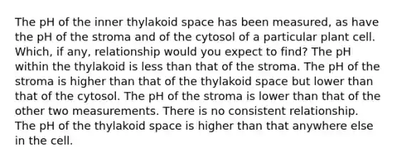 The pH of the inner thylakoid space has been measured, as have the pH of the stroma and of the cytosol of a particular plant cell. Which, if any, relationship would you expect to find? The pH within the thylakoid is less than that of the stroma. The pH of the stroma is higher than that of the thylakoid space but lower than that of the cytosol. The pH of the stroma is lower than that of the other two measurements. There is no consistent relationship. The pH of the thylakoid space is higher than that anywhere else in the cell.