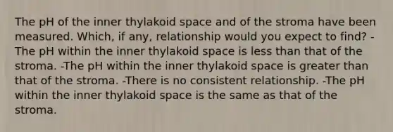 The pH of the inner thylakoid space and of the stroma have been measured. Which, if any, relationship would you expect to find? -The pH within the inner thylakoid space is less than that of the stroma. -The pH within the inner thylakoid space is greater than that of the stroma. -There is no consistent relationship. -The pH within the inner thylakoid space is the same as that of the stroma.