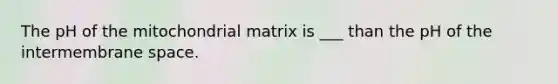 The pH of the mitochondrial matrix is ___ than the pH of the intermembrane space.