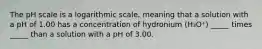 The pH scale is a logarithmic scale, meaning that a solution with a pH of 1.00 has a concentration of hydronium (H₃O⁺) _____ times _____ than a solution with a pH of 3.00.