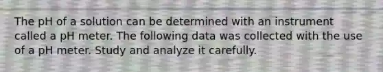 The pH of a solution can be determined with an instrument called a pH meter. The following data was collected with the use of a pH meter. Study and analyze it carefully.