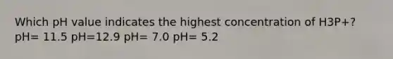 Which pH value indicates the highest concentration of H3P+? pH= 11.5 pH=12.9 pH= 7.0 pH= 5.2