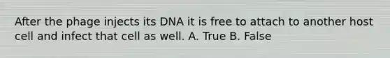 After the phage injects its DNA it is free to attach to another host cell and infect that cell as well. A. True B. False