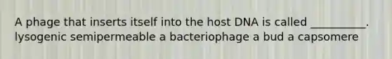 A phage that inserts itself into the host DNA is called __________. lysogenic semipermeable a bacteriophage a bud a capsomere