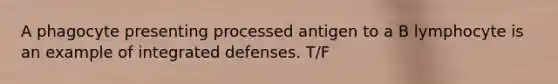 A phagocyte presenting processed antigen to a B lymphocyte is an example of integrated defenses. T/F