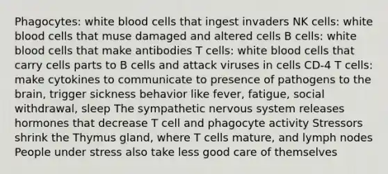 Phagocytes: white blood cells that ingest invaders NK cells: white blood cells that muse damaged and altered cells B cells: white blood cells that make antibodies T cells: white blood cells that carry cells parts to B cells and attack viruses in cells CD-4 T cells: make cytokines to communicate to presence of pathogens to the brain, trigger sickness behavior like fever, fatigue, social withdrawal, sleep The sympathetic nervous system releases hormones that decrease T cell and phagocyte activity Stressors shrink the Thymus gland, where T cells mature, and lymph nodes People under stress also take less good care of themselves