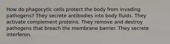 How do phagocytic cells protect the body from invading pathogens? They secrete antibodies into body fluids. They activate complement proteins. They remove and destroy pathogens that breach the membrane barrier. They secrete interferon.