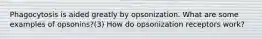 Phagocytosis is aided greatly by opsonization. What are some examples of opsonins?(3) How do opsonization receptors work?