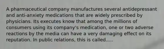 A pharmaceutical company manufactures several antidepressant and anti-anxiety medications that are widely prescribed by physicians. Its executes know that among the millions of consumers using its company's medication, one or two adverse reactions by the media can have a very damaging effect on its reputation. In public relations, this is called.....