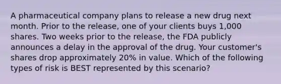 A pharmaceutical company plans to release a new drug next month. Prior to the release, one of your clients buys 1,000 shares. Two weeks prior to the release, the FDA publicly announces a delay in the approval of the drug. Your customer's shares drop approximately 20% in value. Which of the following types of risk is BEST represented by this scenario?