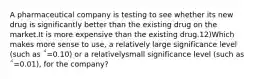 A pharmaceutical company is testing to see whether its new drug is significantly better than the existing drug on the market.It is more expensive than the existing drug.12)Which makes more sense to use, a relatively large significance level (such as ΅=0.10) or a relativelysmall significance level (such as ΅=0.01), for the company?