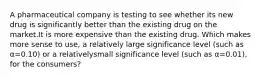 A pharmaceutical company is testing to see whether its new drug is significantly better than the existing drug on the market.It is more expensive than the existing drug. Which makes more sense to use, a relatively large significance level (such as α=0.10) or a relativelysmall significance level (such as α=0.01), for the consumers?