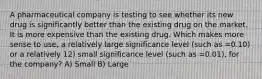 A pharmaceutical company is testing to see whether its new drug is significantly better than the existing drug on the market. It is more expensive than the existing drug. Which makes more sense to use, a relatively large significance level (such as =0.10) or a relatively 12) small significance level (such as =0.01), for the company? A) Small B) Large