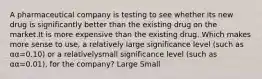 A pharmaceutical company is testing to see whether its new drug is significantly better than the existing drug on the market.It is more expensive than the existing drug. Which makes more sense to use, a relatively large significance level (such as αα=0.10) or a relativelysmall significance level (such as αα=0.01), for the company? Large Small