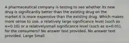 A pharmaceutical company is testing to see whether its new drug is significantly better than the existing drug on the market.It is more expensive than the existing drug. Which makes more sense to use, a relatively large significance level (such as α=0.10) or a relativelysmall significance level (such as α=0.01), for the consumers? No answer text provided. No answer text provided. Large Small