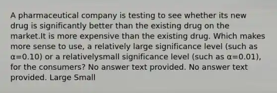 A pharmaceutical company is testing to see whether its new drug is significantly better than the existing drug on the market.It is more expensive than the existing drug. Which makes more sense to use, a relatively large significance level (such as α=0.10) or a relativelysmall significance level (such as α=0.01), for the consumers? No answer text provided. No answer text provided. Large Small