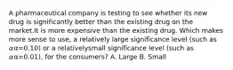 A pharmaceutical company is testing to see whether its new drug is significantly better than the existing drug on the market.It is more expensive than the existing drug. Which makes more sense to use, a relatively large significance level (such as 𝛼α=0.10) or a relativelysmall significance level (such as 𝛼α=0.01), for the consumers? A. Large B. Small