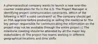 A pharmaceutical company wants to launch a new over-the-counter medication for flu in the U.S. The Project Manager is identifying project communication constraints. Which of the following is NOT a valid constraint? a) The company should get an FDA approval before producing or selling the medicine b) The key person responsible for communicating the information on the project may not be available through the entire project c) The milestone meeting should be attended by all the major key stakeholders d) The project has teams working in different geographical locations and time shifts