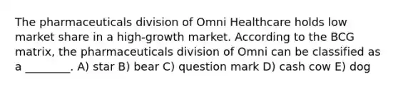 The pharmaceuticals division of Omni Healthcare holds low market share in a high-growth market. According to the BCG matrix, the pharmaceuticals division of Omni can be classified as a ________. A) star B) bear C) question mark D) cash cow E) dog