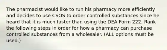 The pharmacist would like to run his pharmacy more efficiently and decides to use CSOS to order controlled substances since he heard that it is much faster than using the DEA Form 222. Rank the following steps in order for how a pharmacy can purchase controlled substances from a wholesaler. (ALL options must be used.)