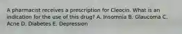 A pharmacist receives a prescription for Cleocin. What is an indication for the use of this drug? A. Insomnia B. Glaucoma C. Acne D. Diabetes E. Depression