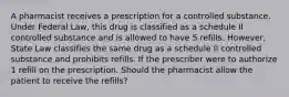 A pharmacist receives a prescription for a controlled substance. Under Federal Law, this drug is classified as a schedule II controlled substance and is allowed to have 5 refills. However, State Law classifies the same drug as a schedule II controlled substance and prohibits refills. If the prescriber were to authorize 1 refill on the prescription. Should the pharmacist allow the patient to receive the refills?