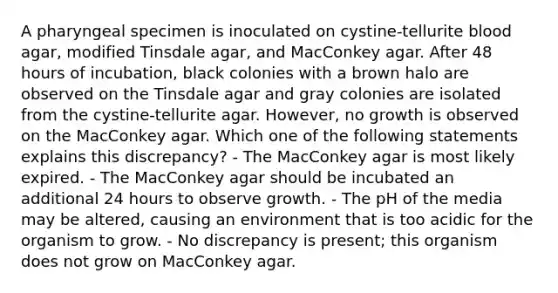 A pharyngeal specimen is inoculated on cystine-tellurite blood agar, modified Tinsdale agar, and MacConkey agar. After 48 hours of incubation, black colonies with a brown halo are observed on the Tinsdale agar and gray colonies are isolated from the cystine-tellurite agar. However, no growth is observed on the MacConkey agar. Which one of the following statements explains this discrepancy? - The MacConkey agar is most likely expired. - The MacConkey agar should be incubated an additional 24 hours to observe growth. - The pH of the media may be altered, causing an environment that is too acidic for the organism to grow. - No discrepancy is present; this organism does not grow on MacConkey agar.