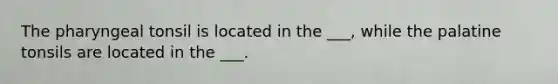 The pharyngeal tonsil is located in the ___, while the palatine tonsils are located in the ___.