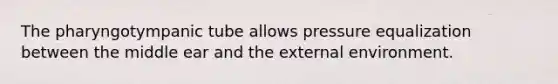 The pharyngotympanic tube allows pressure equalization between the middle ear and the external environment.