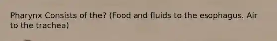 Pharynx Consists of the? (Food and fluids to the esophagus. Air to the trachea)