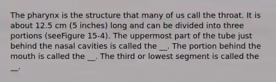 The pharynx is the structure that many of us call the throat. It is about 12.5 cm (5 inches) long and can be divided into three portions (seeFigure 15-4). The uppermost part of the tube just behind the nasal cavities is called the __. The portion behind the mouth is called the __. The third or lowest segment is called the __.