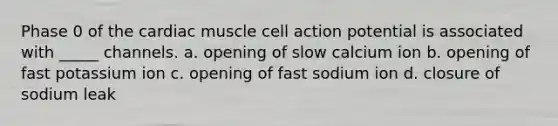 Phase 0 of the cardiac muscle cell action potential is associated with _____ channels. a. opening of slow calcium ion b. opening of fast potassium ion c. opening of fast sodium ion d. closure of sodium leak