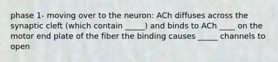 phase 1- moving over to the neuron: ACh diffuses across the synaptic cleft (which contain _____) and binds to ACh ____ on the motor end plate of the fiber the binding causes _____ channels to open