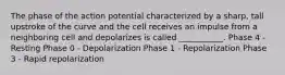 The phase of the action potential characterized by a sharp, tall upstroke of the curve and the cell receives an impulse from a neighboring cell and depolarizes is called ___________. Phase 4 - Resting Phase 0 - Depolarization Phase 1 - Repolarization Phase 3 - Rapid repolarization