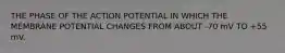 THE PHASE OF THE ACTION POTENTIAL IN WHICH THE MEMBRANE POTENTIAL CHANGES FROM ABOUT -70 mV TO +55 mV.