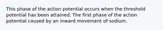 This phase of the action potential occurs when the threshold potential has been attained. The first phase of the action potential caused by an inward movement of sodium.