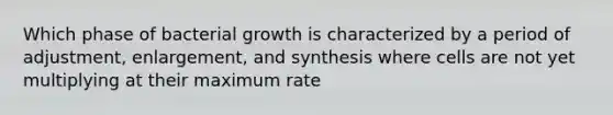 Which phase of bacterial growth is characterized by a period of adjustment, enlargement, and synthesis where cells are not yet multiplying at their maximum rate