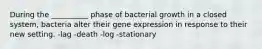 During the __________ phase of bacterial growth in a closed system, bacteria alter their gene expression in response to their new setting. -lag -death -log -stationary