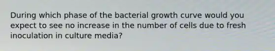 During which phase of the bacterial growth curve would you expect to see no increase in the number of cells due to fresh inoculation in culture media?