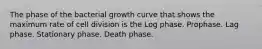 The phase of the bacterial growth curve that shows the maximum rate of cell division is the Log phase. Prophase. Lag phase. Stationary phase. Death phase.